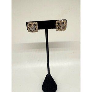 Vintage Signed Bogoff Gold Tone Square Rhinestone Clip On Earrings